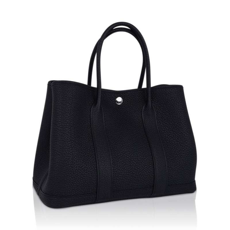 Hermes Garden Party 30 Bag Black Vache Country Leather with Palladium Hardware