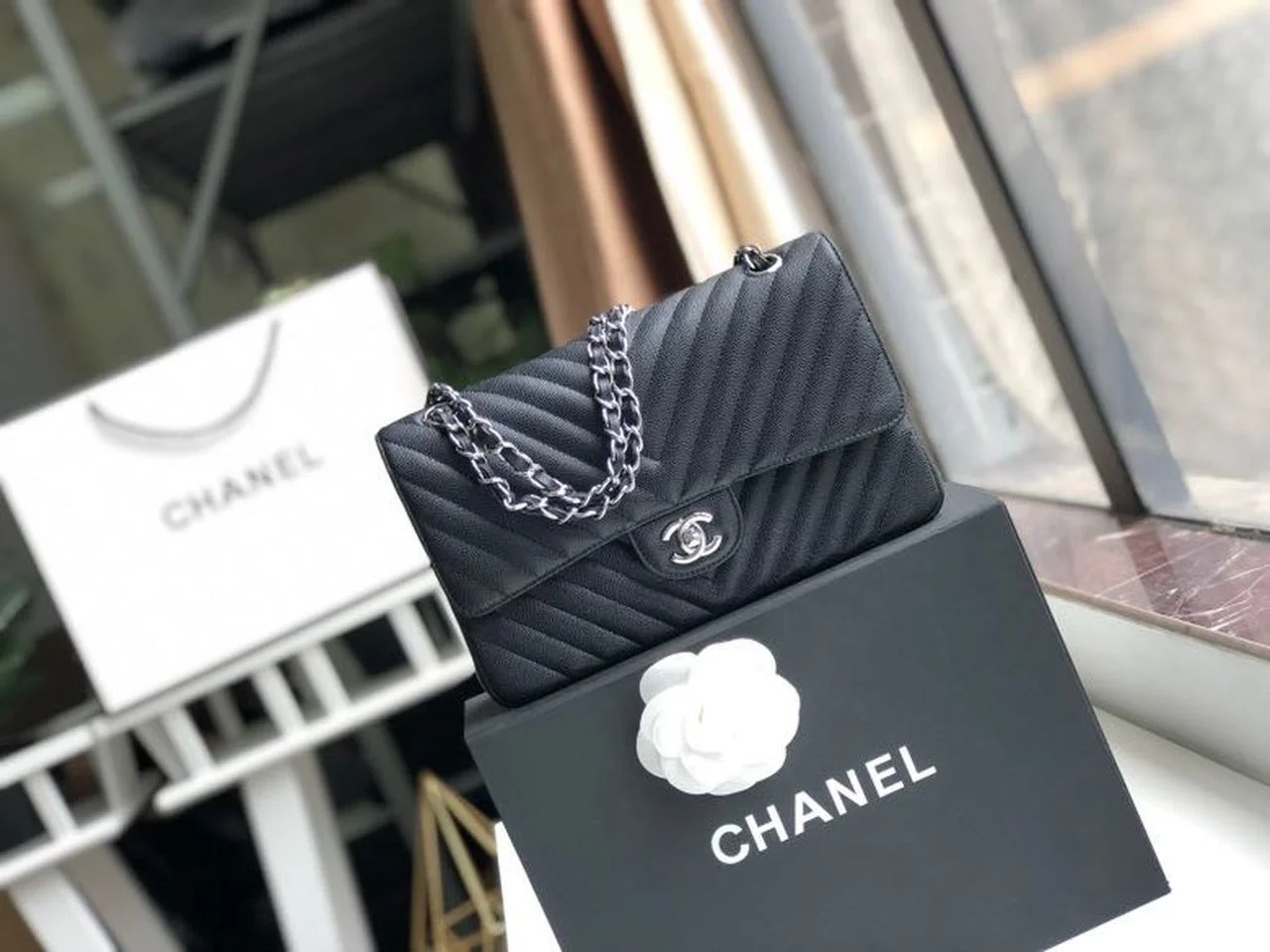 Chanel Chevron Classic Handbag Silver Hardware Black For Women, Women's Bags, Shoulder And Crossbody Bags 10.2in/26cm