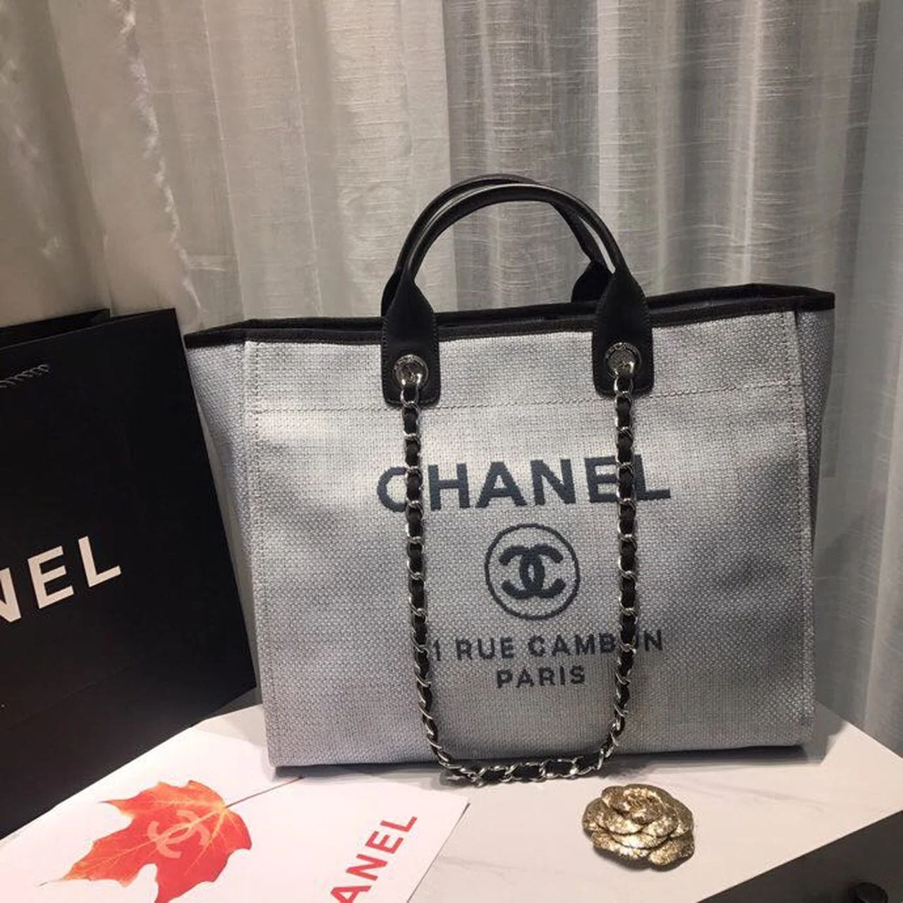 Chanel Deauville Tote Canvas Bag Light Grey For Women, Women's Handbags, Shoulder Bags 15in/38cm A66941