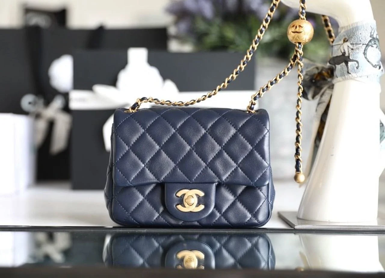 Chanel Mini Flap Bag With CC Ball On Strap Navy Blue For Women, Women's Handbags, Shoulder And Crossbody Bags 6.7in/17cm AS1786