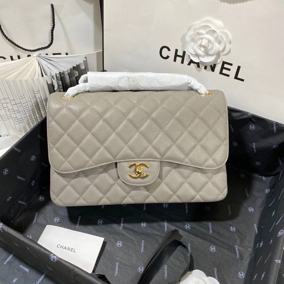 Chanel Large Classic Handbag Gold Hardware Grey For Women, Women's Handbags, Shoulder Bags 11.8in/30cm