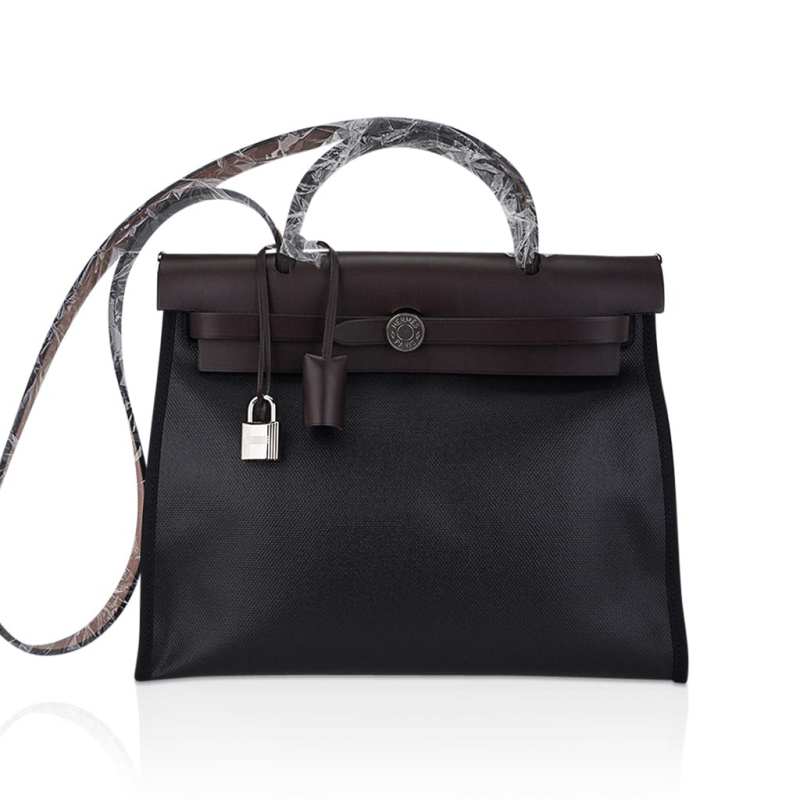 Hermes Herbag Zip 31 Bag Retourne Black Berline & Rouge Sellier Leather with Palladium Hardware