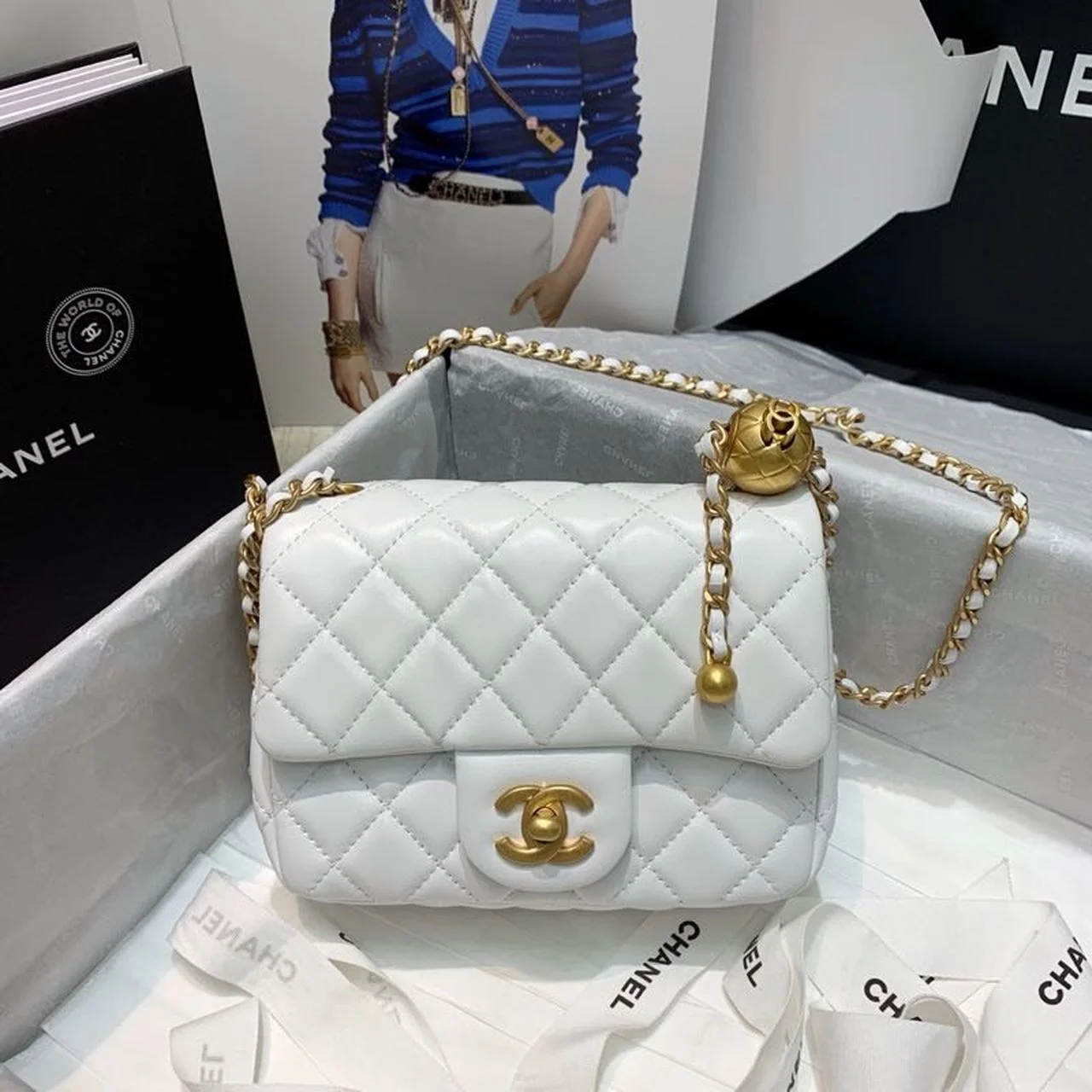 Chanel Mini Flap Bag With CC Ball On Strap White For Women, Women's Handbags, Shoulder And Crossbody Bags 6.7in/17cm AS1786
