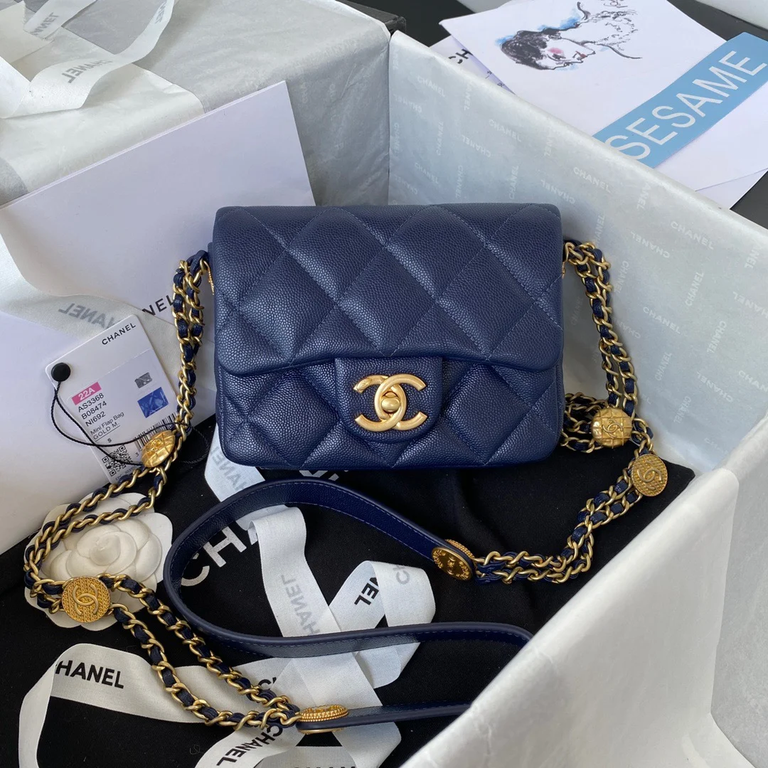 Chanel Mini Flap Bag With Top Handle Gold Hardware Navy Blue For Women, Women's Handbags, Shoulder Bags 7.9in/20cm AS2431 B08846 NJ532
