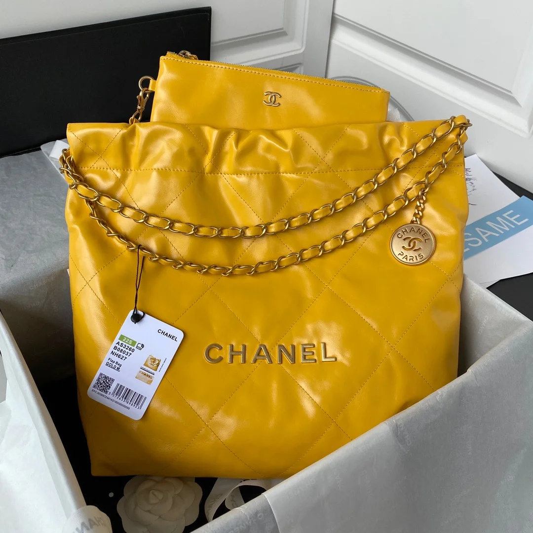 Chanel 22 Handbag Gold Hardware Shiny Yellow For Women, Women's Handbags, Shoulder Bags 16.5in/38cm AS3261