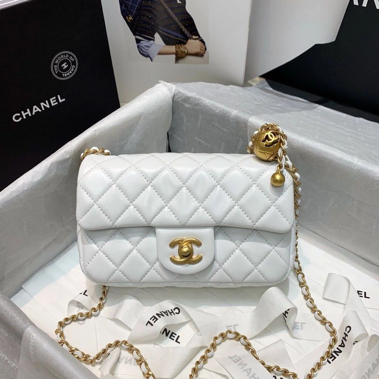 Chanel Flap Bag With CC Ball On Strap White For Women, Women's Handbags, Shoulder And Crossbody Bags 7.8in/20cm AS1787