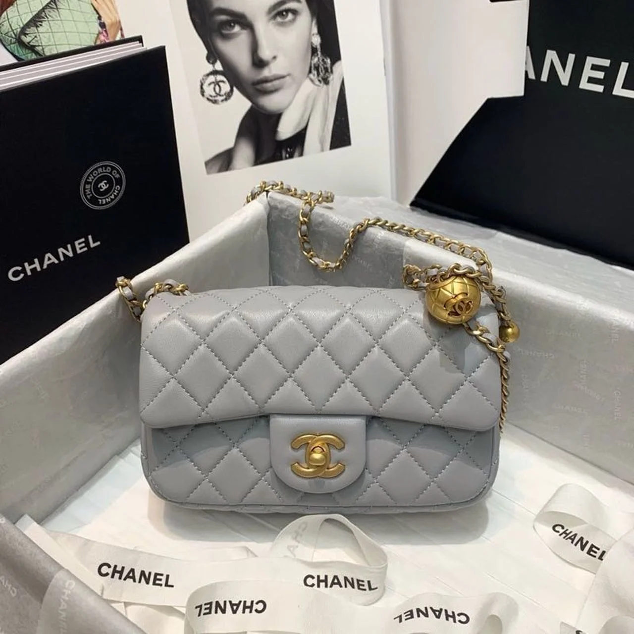 Chanel Flap Bag With CC Ball On Strap Grey For Women, Women's Handbags, Shoulder And Crossbody Bags 7.8in/20cm AS1787