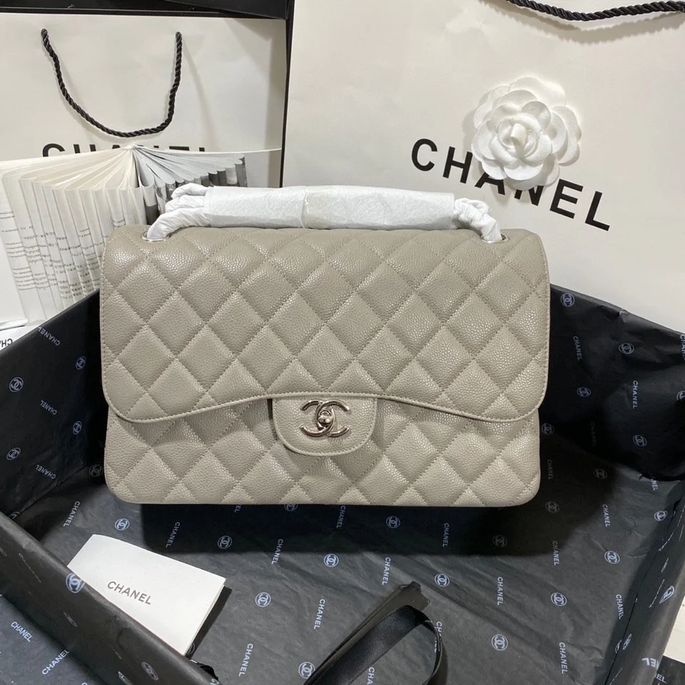 Chanel Large Classic Handbag Silver Hardware Grey For Women, Women's Handbags, Shoulder Bags 11.8in/30cm