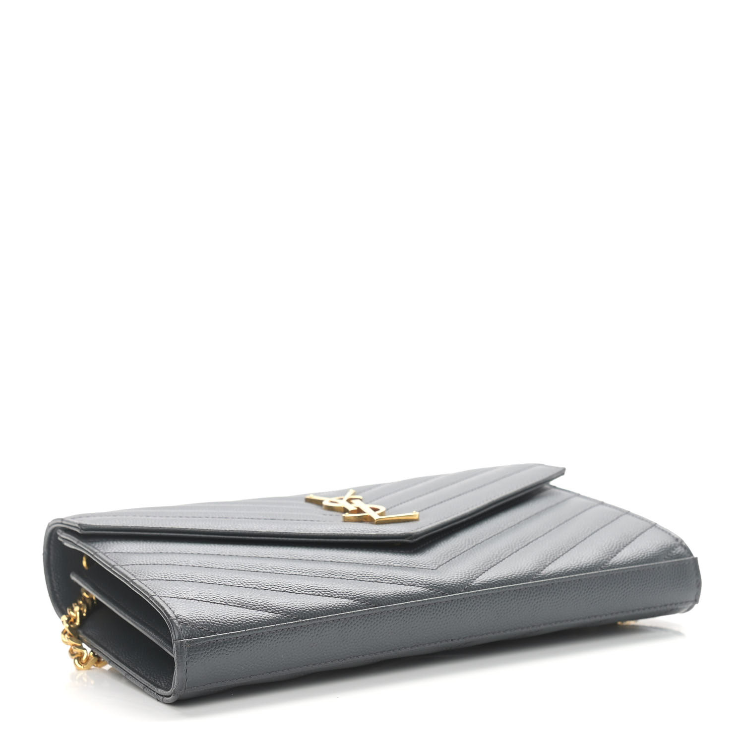 SAINT LAURENT Grain De Poudre Matelasse Chevron Monogram Chain Wallet Dark Smog
