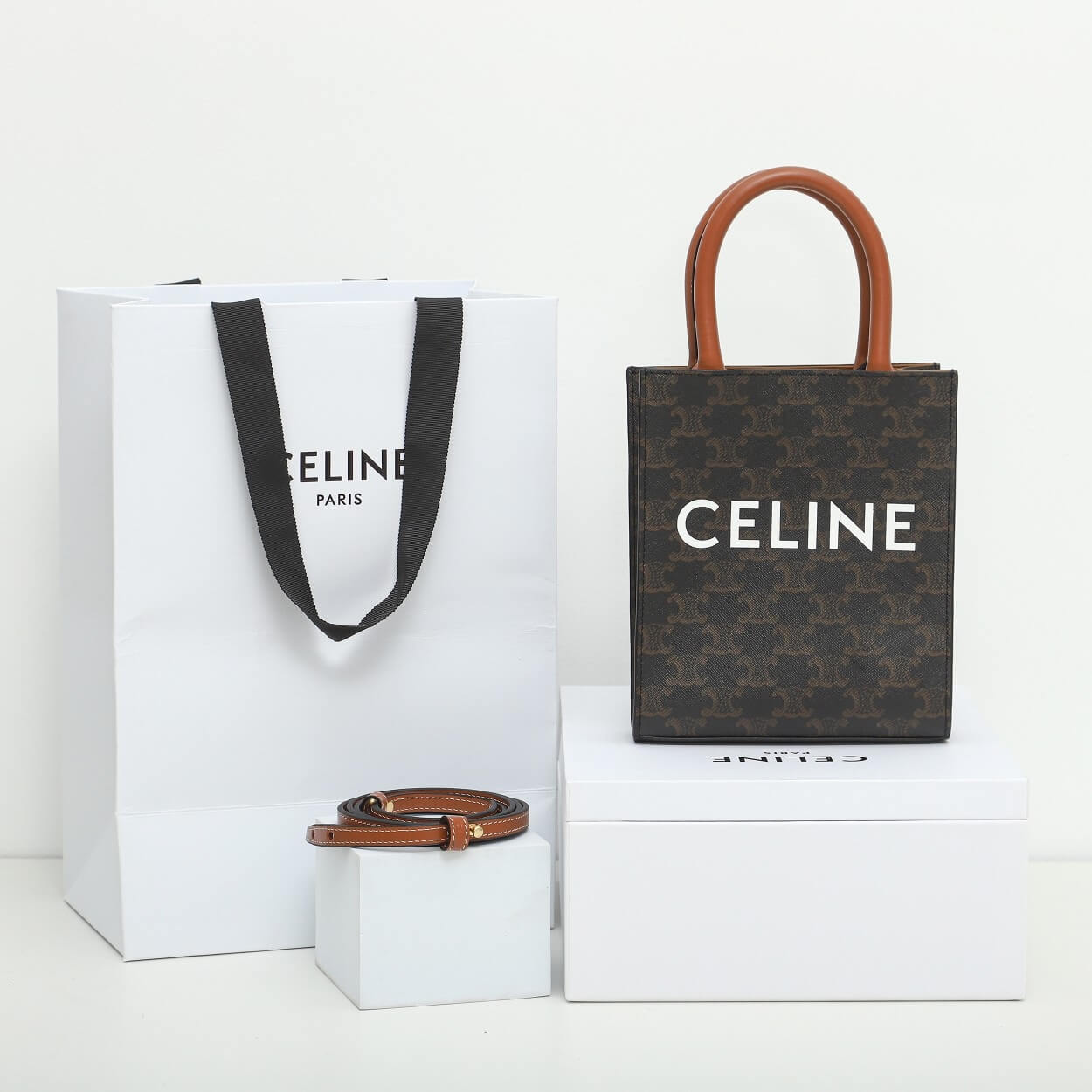 CELINE Mini Vertical Cabas Bag in Calfskin Leather with Logo and Celine Print
