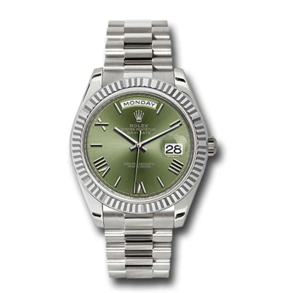 Rolex Day-Date 40 Presidential Olive green dial, Fluted Bezel, President bracelet, White gold Watch