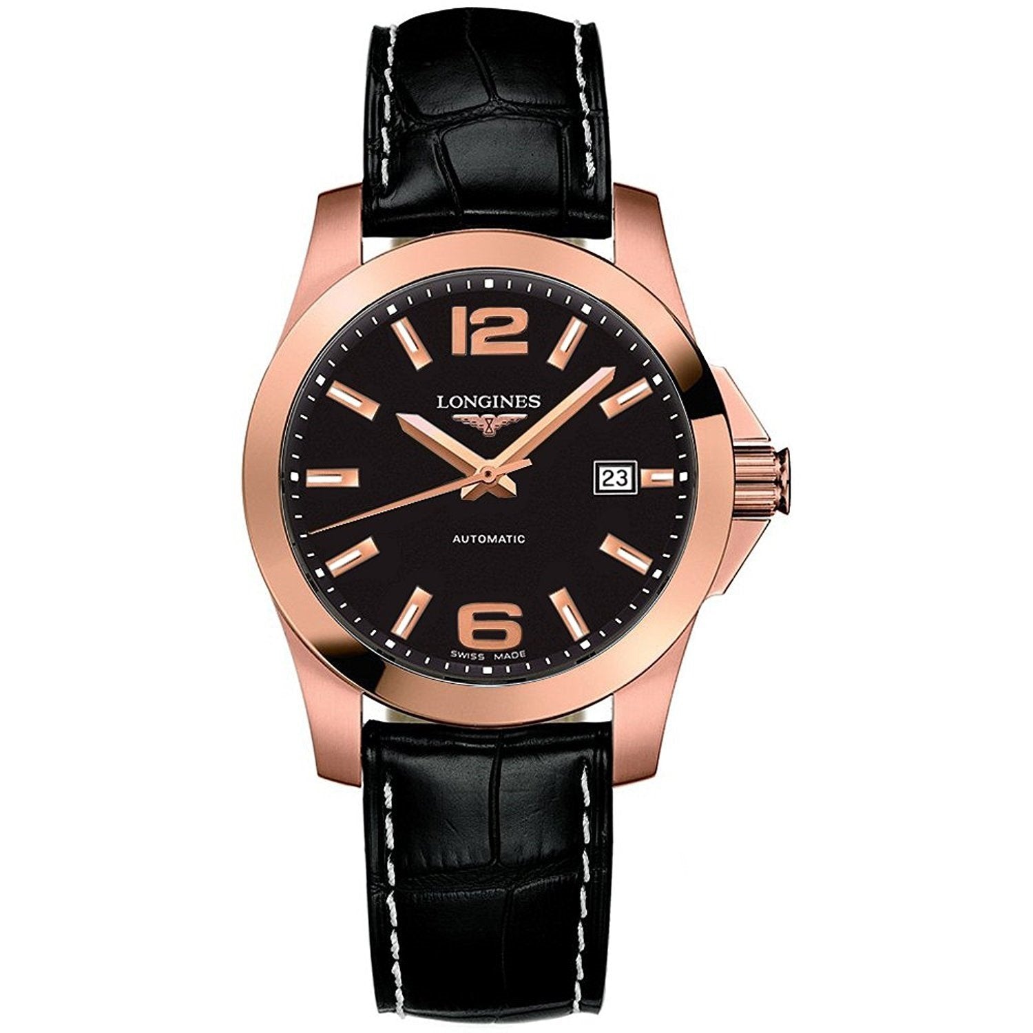 Longines Men's L36768563 Conquest 18kt Rose Gold Automatic Black Leather Watch