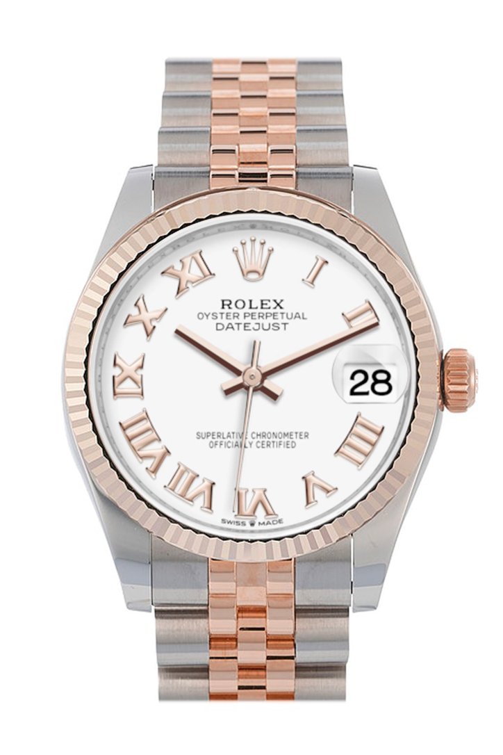 Rolex Datejust 31 White Roman Dial Fluted Bezel 18K Everose Gold Two Tone Jubilee Watch 278271