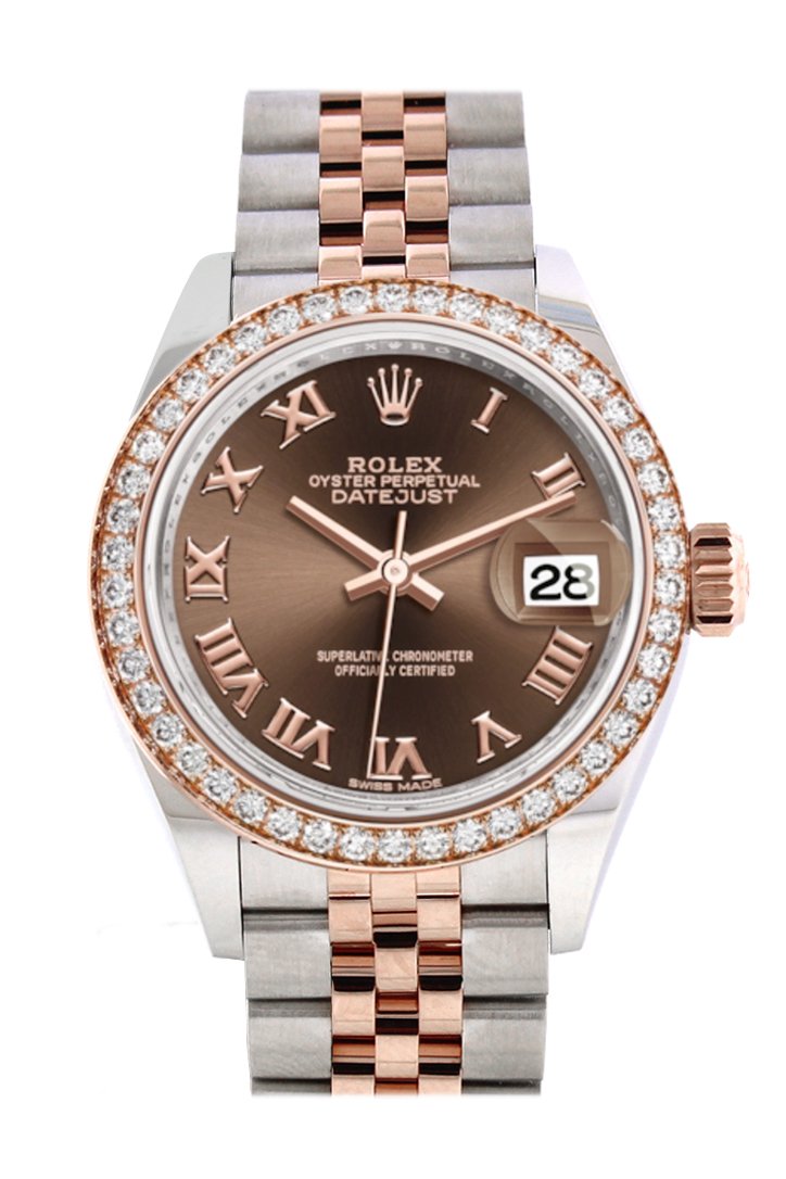 Rolex Datejust 28 Chocolate Roman Dial Diamond Bezel Rose Gold Jubilee Two Tone Watch 279381RBR 279381