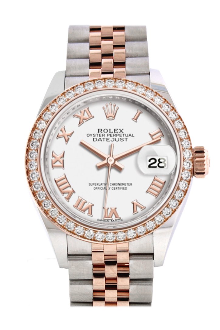 Rolex Datejust 28 White Roman Dial White Roman Dial Diamond Bezel Rose Gold Two Tone Watch 279381RBR 279381