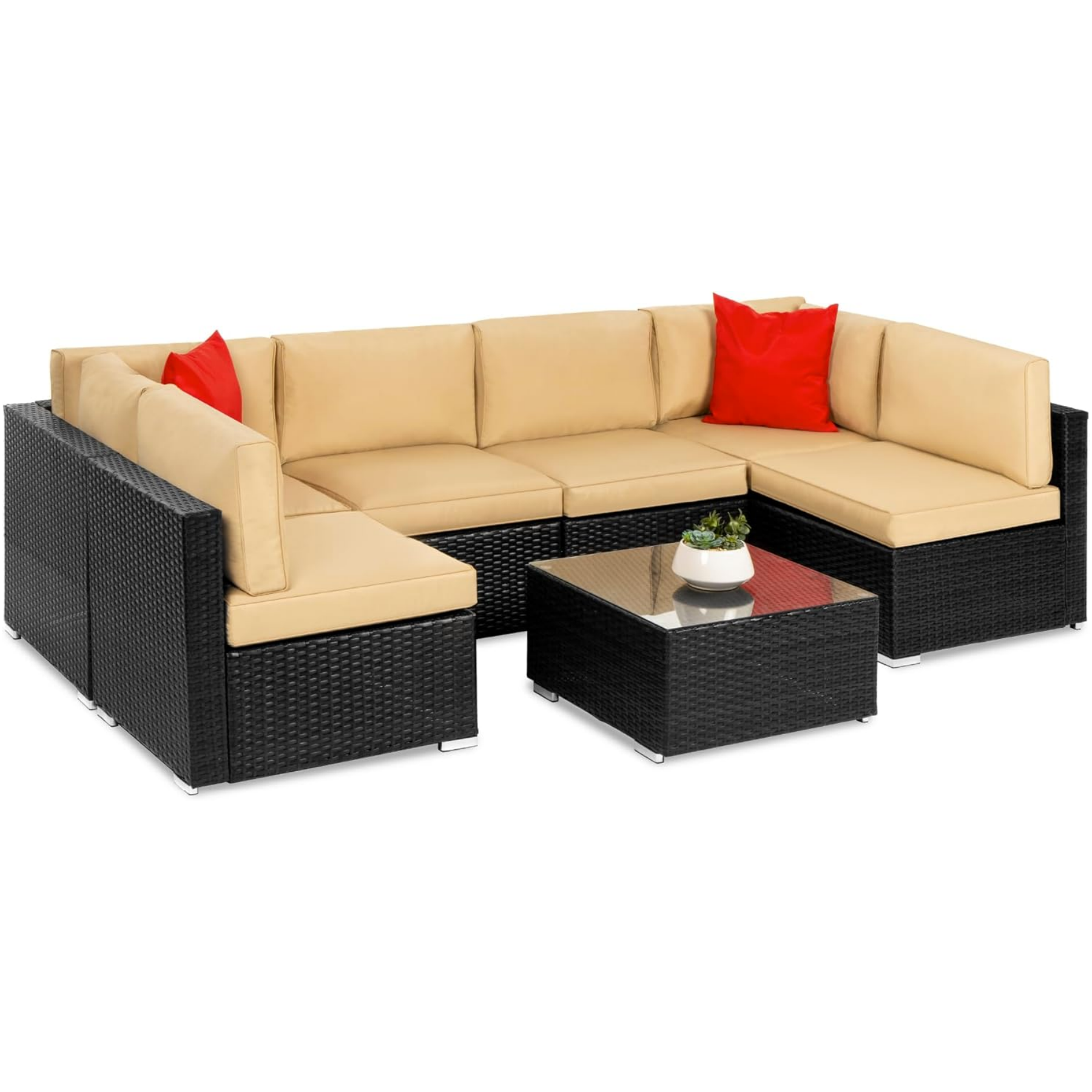 7-Piece Modular Outdoor Sectional Wicker Patio Conversation Set w/ 2 Pillows. Coffee Table