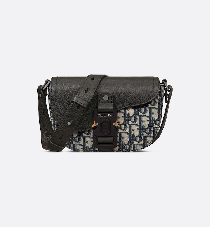 Mini Saddle Messenger Bag with Flap Beige and Black Oblique Jacquard with Black Grained Calfskin