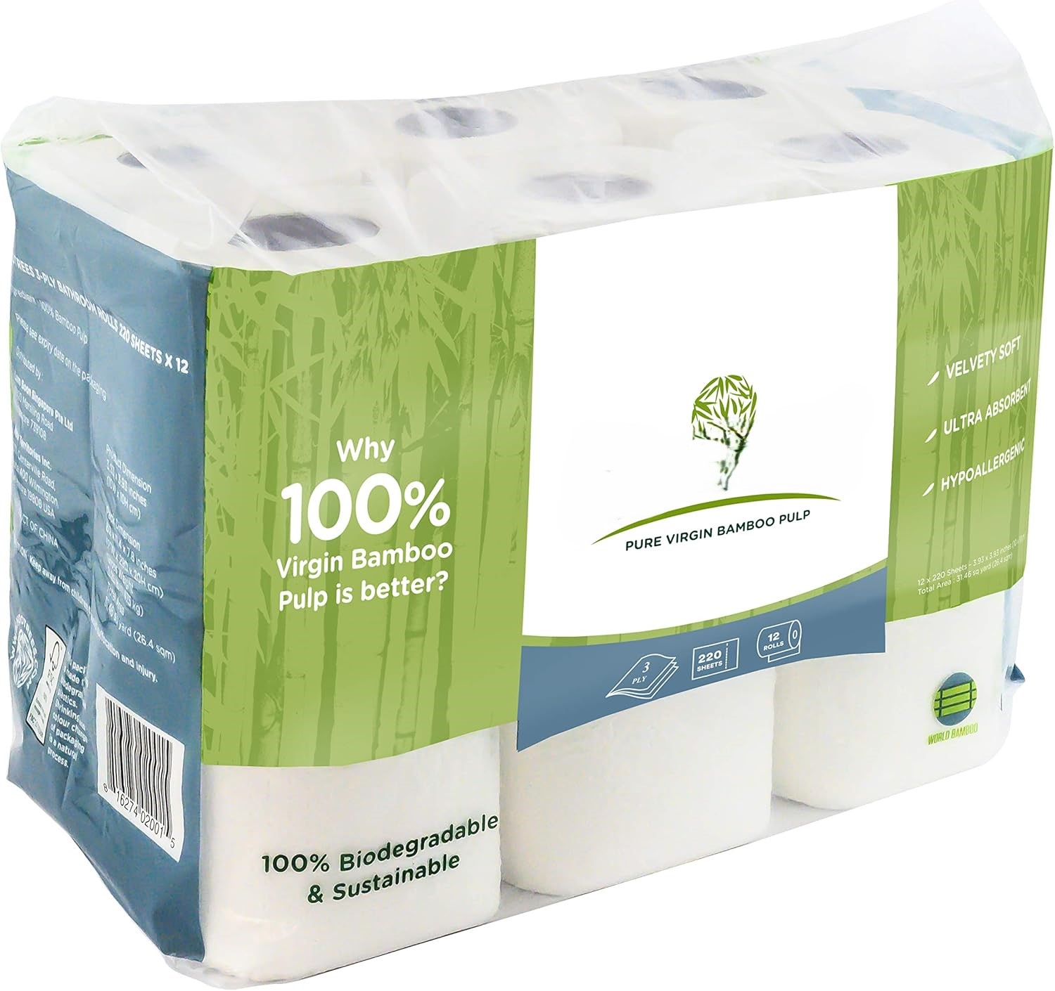 Bamboo 3-Ply Bathroom Tissue, 220 Sheets, 12 Count