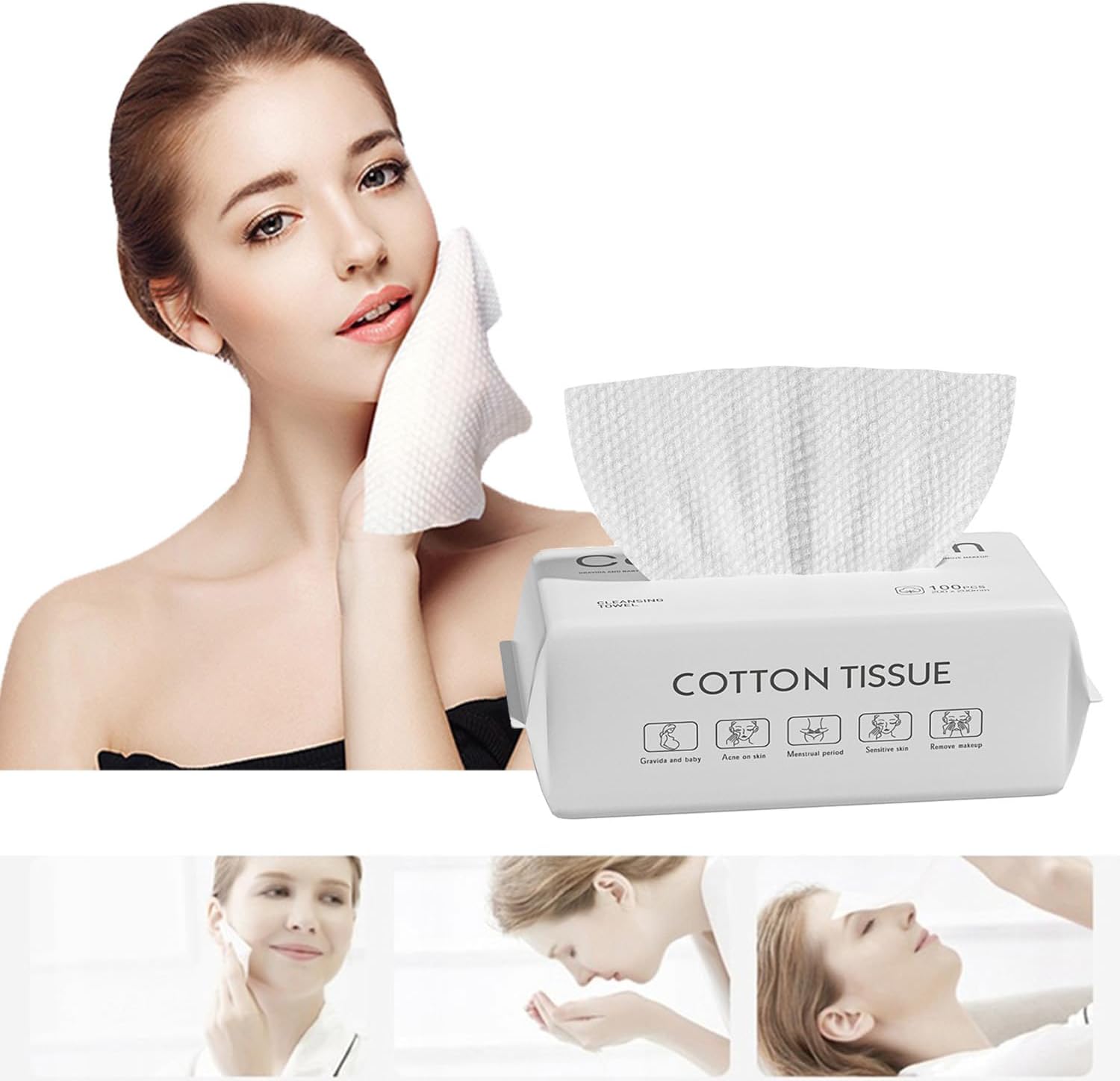 Soft Dry Wipe, 100% Cotton Facial wipes, Disposable Face Towel Lint Free, Dry Wet Use, for Sensitive Skin, Facial Cleansing, Makeup Removing, Surface Cleaning (100 Count (3 Pack))