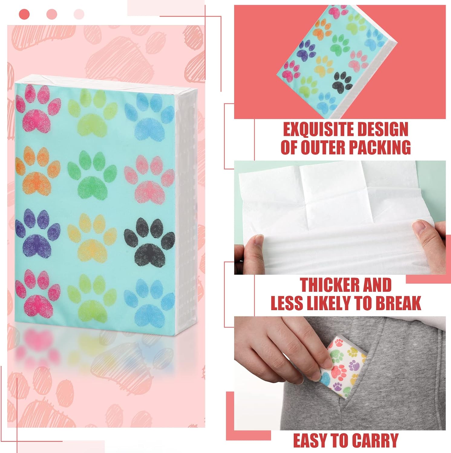 100 Pack Paw Print Designed Facial Tissues Individually Packed Paper Pocket Pack Bulk Small Travel Tissue Mini Pocket Tissues for Travel Wedding Party Daily Use Wipes, 10 Designs, 3 Ply, 8 Sheet