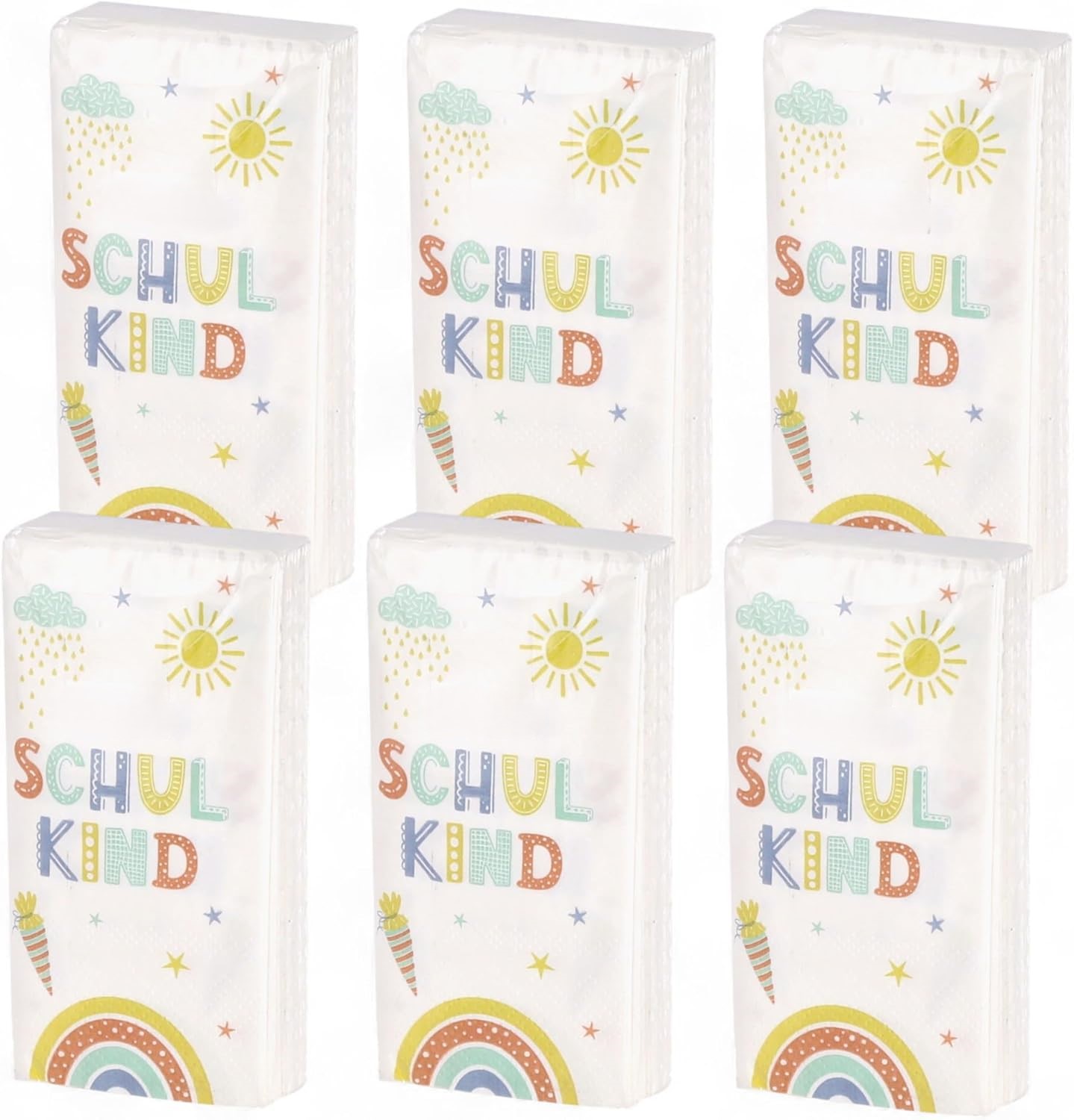 Handkerchiefs Finally School Child - 6 x 10 Pieces, 3-Ply Soft Paper Handkerchiefs for Back to School, Motif Sugar Bag & Rainbow, First Day at School