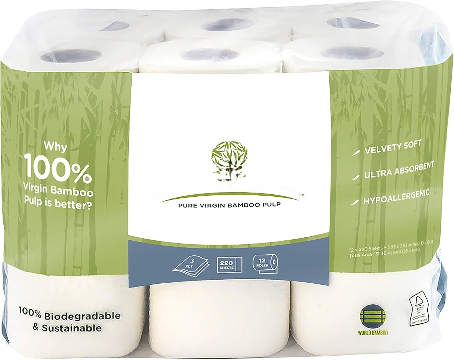 Bamboo 3-Ply Bathroom Tissue, 220 Sheets, 12 Count