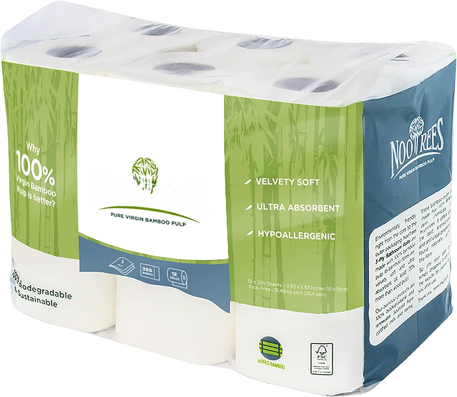 Bamboo 3-Ply Bathroom Tissue, 220 Sheets, 12 Count