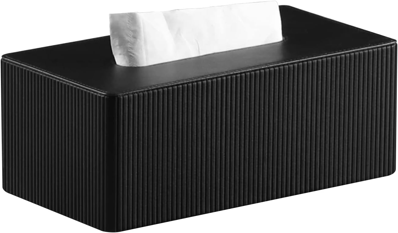 PU Leather Tissue Box Cover with Magnetic Closure, Modern Rectangular Tissue Box Holder Decorative for Bathroom Vanity Countertop Night Stands Bedroom Office (Black Striped, Rectangular)