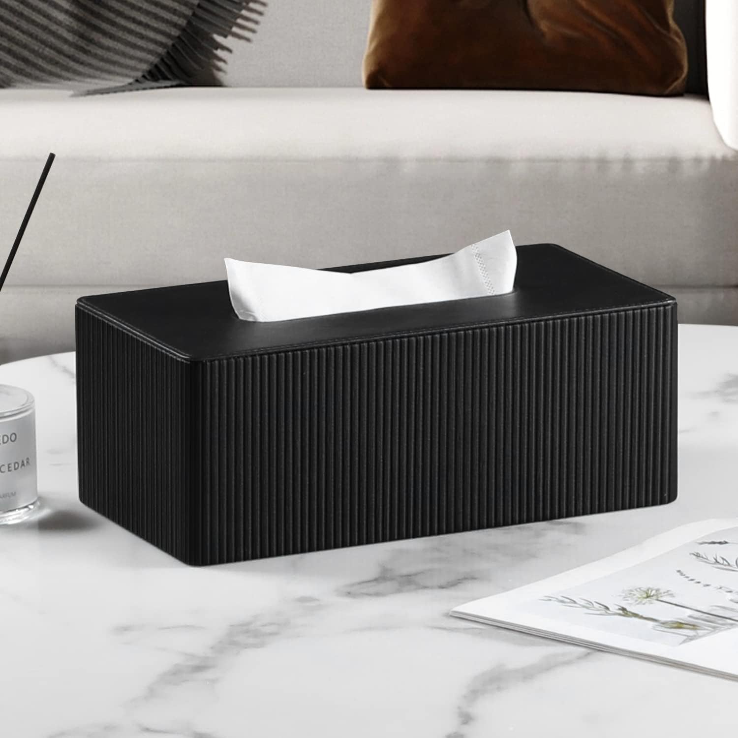 PU Leather Tissue Box Cover with Magnetic Closure, Modern Rectangular Tissue Box Holder Decorative for Bathroom Vanity Countertop Night Stands Bedroom Office (Black Striped, Rectangular)
