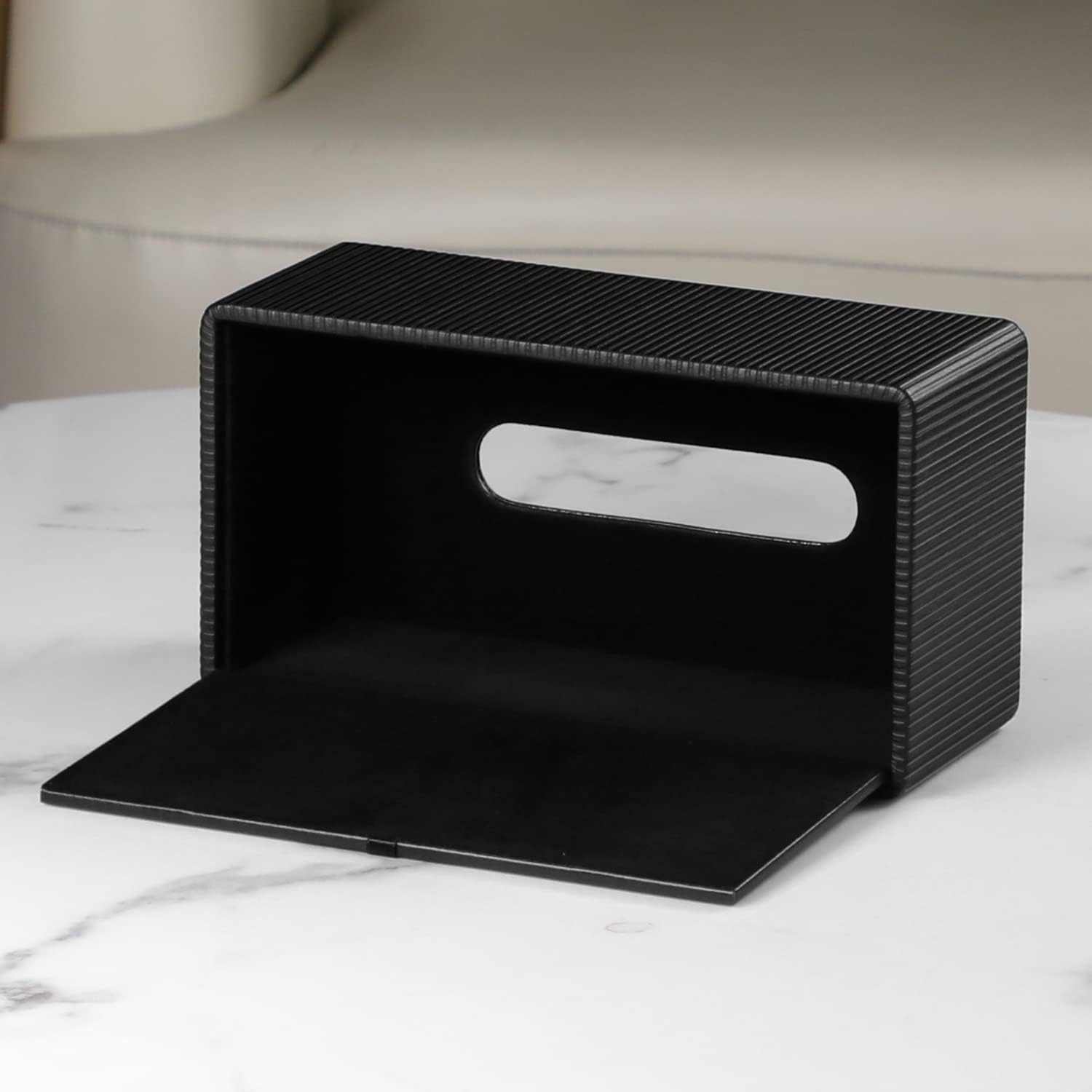 PU Leather Tissue Box Cover with Magnetic Closure, Modern Rectangular Tissue Box Holder Decorative for Bathroom Vanity Countertop Night Stands Bedroom Office (Black Striped, Rectangular)