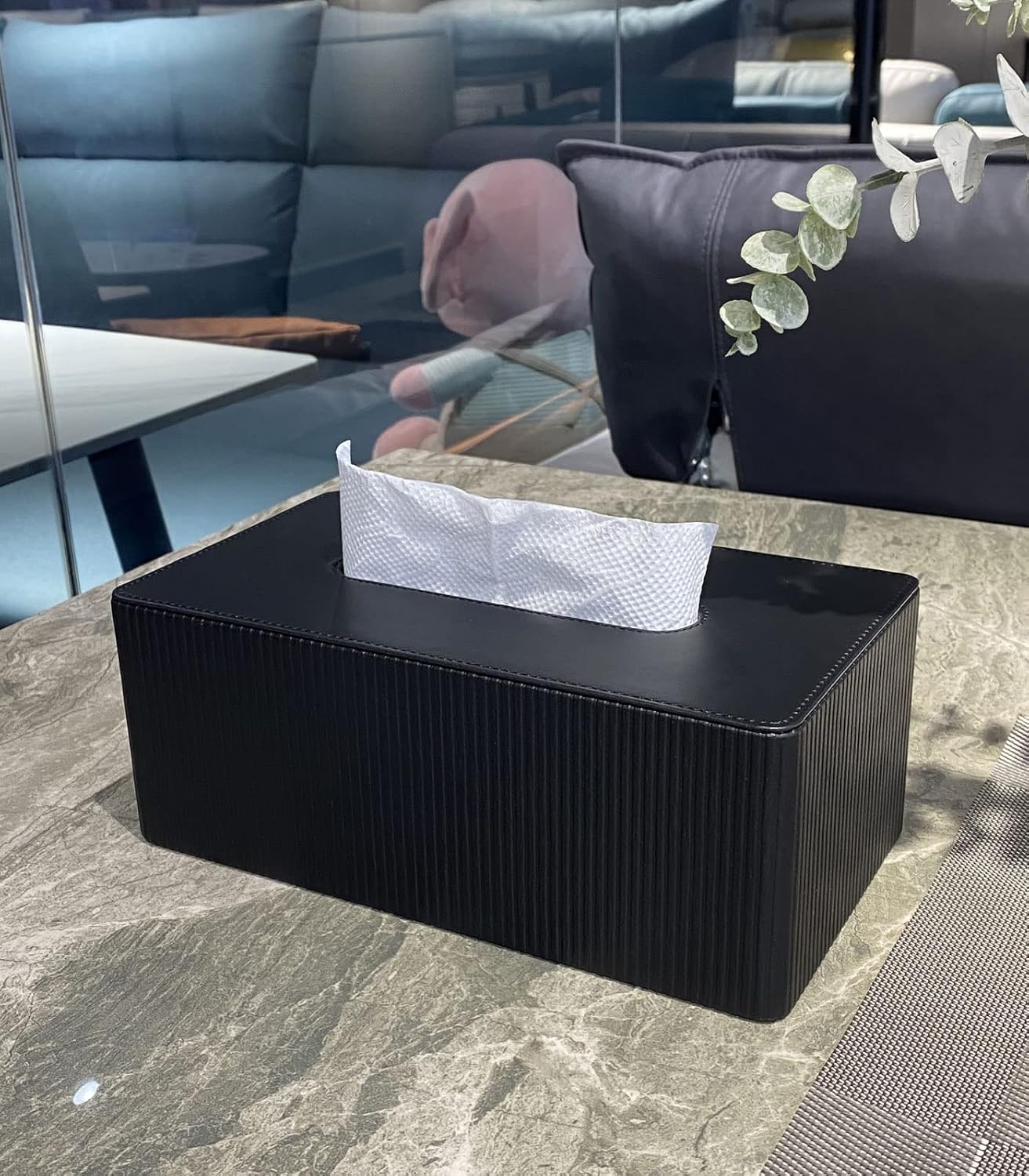 PU Leather Tissue Box Cover with Magnetic Closure, Modern Rectangular Tissue Box Holder Decorative for Bathroom Vanity Countertop Night Stands Bedroom Office (Black Striped, Rectangular)