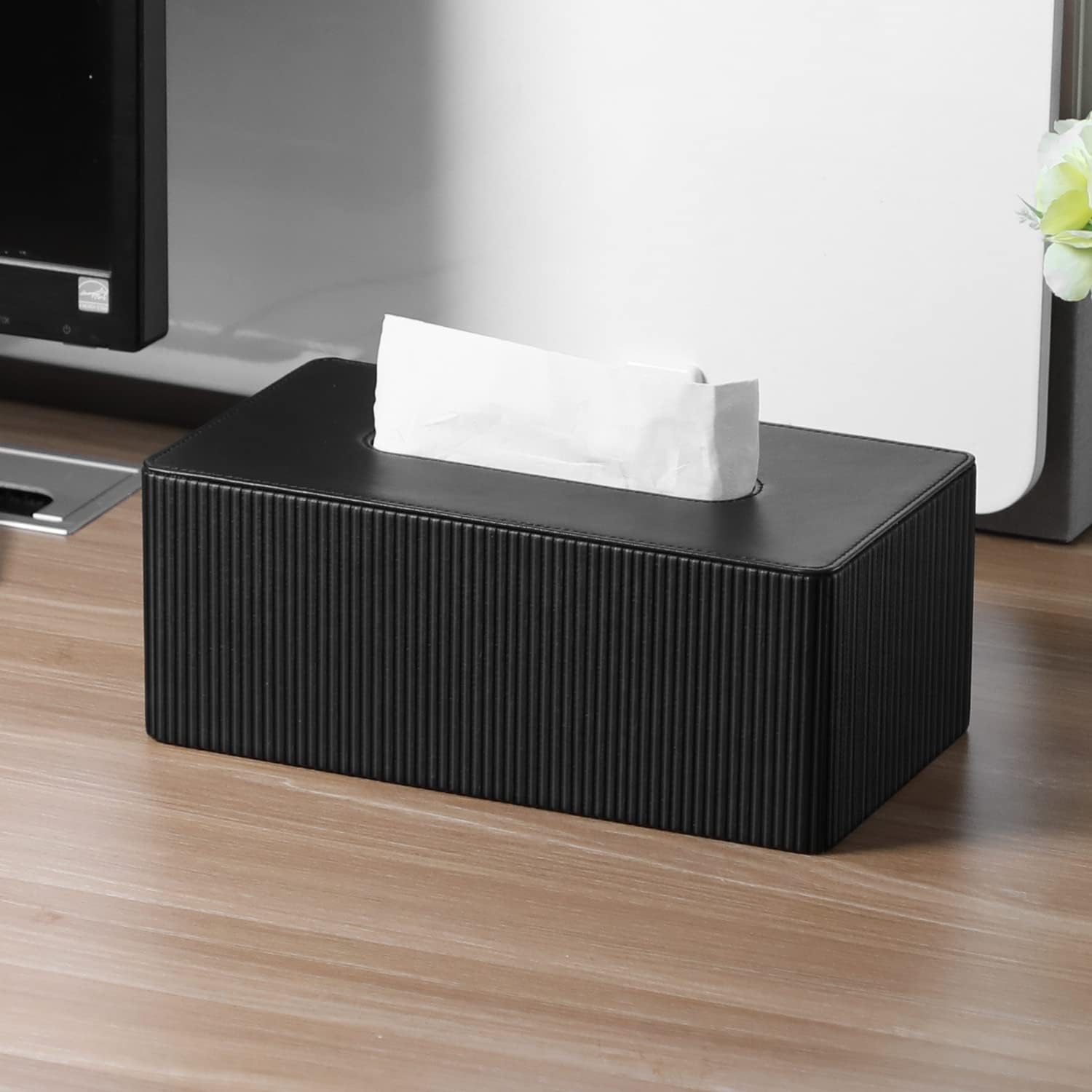 PU Leather Tissue Box Cover with Magnetic Closure, Modern Rectangular Tissue Box Holder Decorative for Bathroom Vanity Countertop Night Stands Bedroom Office (Black Striped, Rectangular)