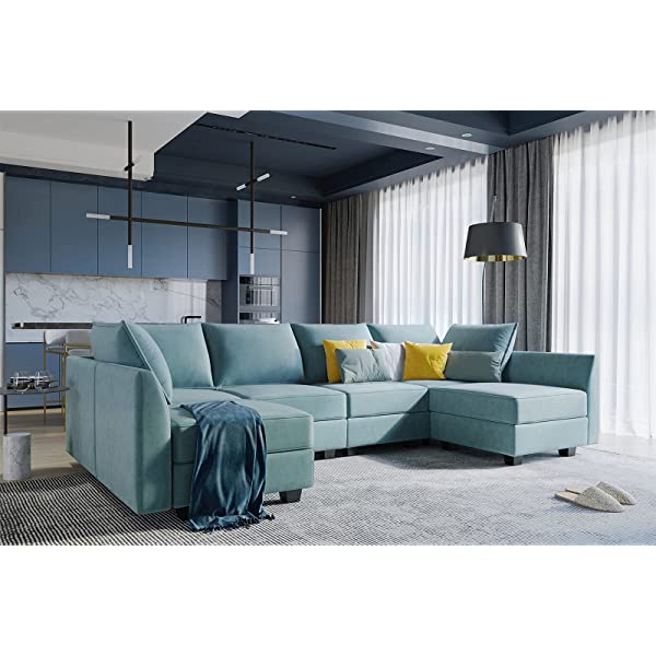 HONBAY Convertible Sectional Sofa U Shaped Couch with Reversible Chaise Modular Oversized Couch Sectional Sofa with Ottomans, Aqua Blue U Shape Sofa-1 Blue