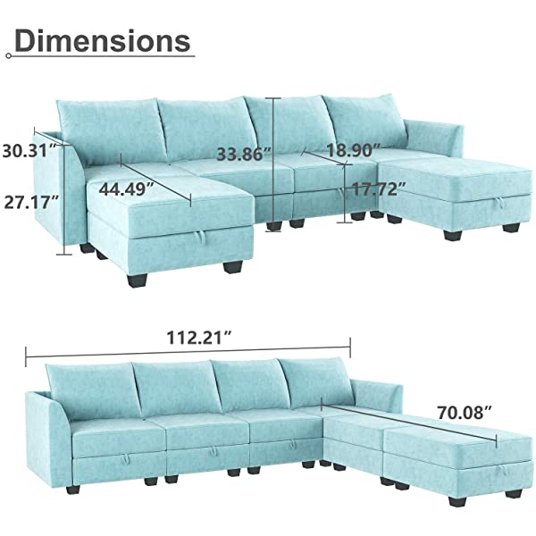HONBAY Convertible Sectional Sofa U Shaped Couch with Reversible Chaise Modular Oversized Couch Sectional Sofa with Ottomans, Aqua Blue U Shape Sofa-1 Blue