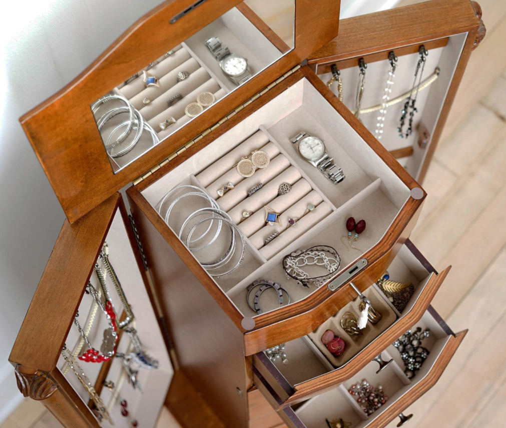 Traditional jewelry with mirror, 96.52 cm, antique walnut color