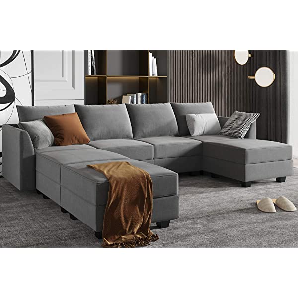 HONBAY Convertible Sectional Sofa U Shaped Couch with Reversible Chaise Modular Oversized Couch Sectional Sofa with Ottomans, Aqua Blue U Shape Sofa-1 Blue