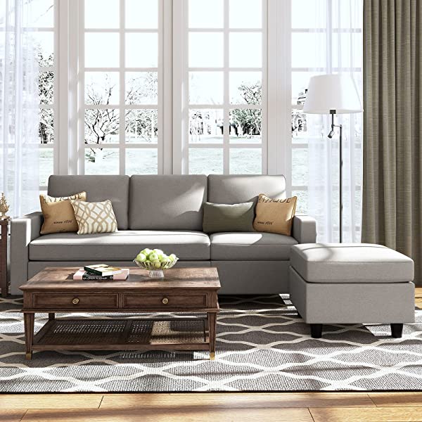 HONBAY Convertible Sectional Sofa Couch, L-Shaped Couch with Modern Linen Fabric for Small Space Dark Grey