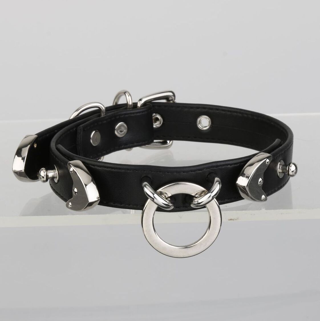 Kinklair Classic Black Leather Collar _ BDSM Silver Hardware Choker