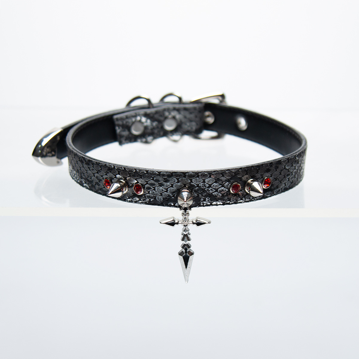 Kinklair Black Snake-Pattern Leather Collar | Cross Pendant | Handmade