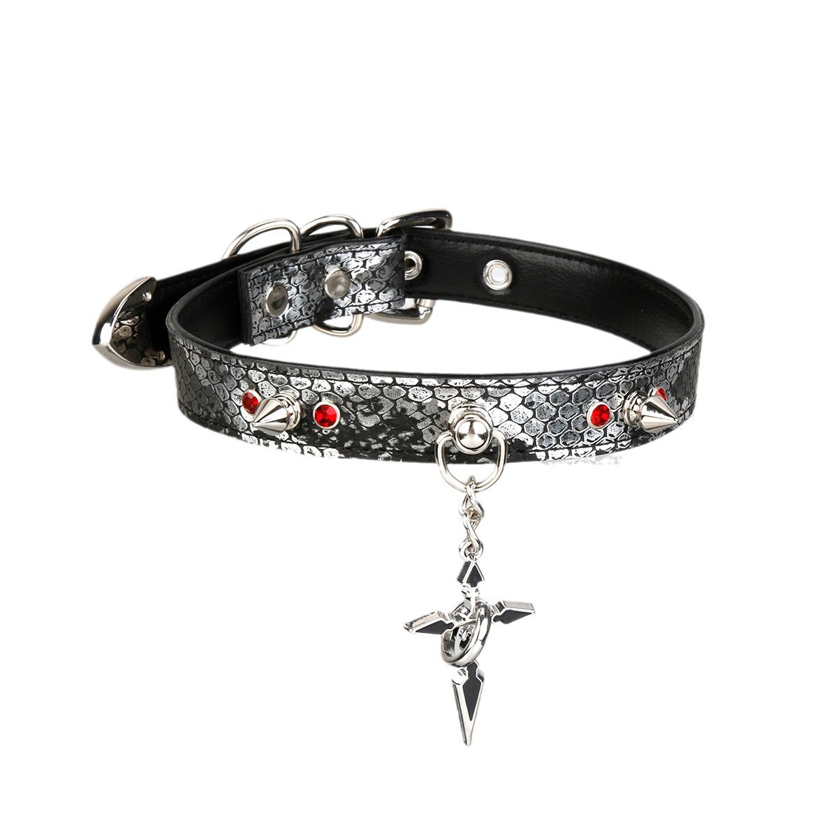 Kinklair Black Snake-Pattern Leather Collar | Cross Pendant | Handmade
