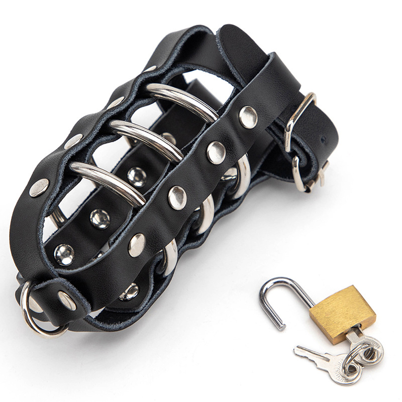Leather Male Chastity Cage with Adjustable Metal Ring