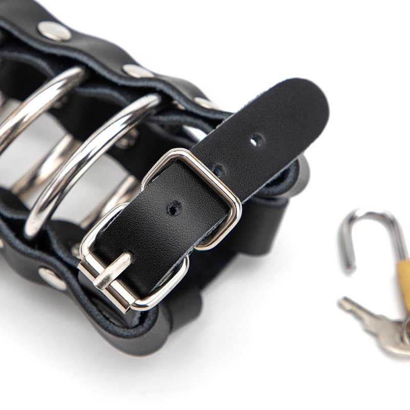 Leather Male Chastity Cage with Adjustable Metal Ring