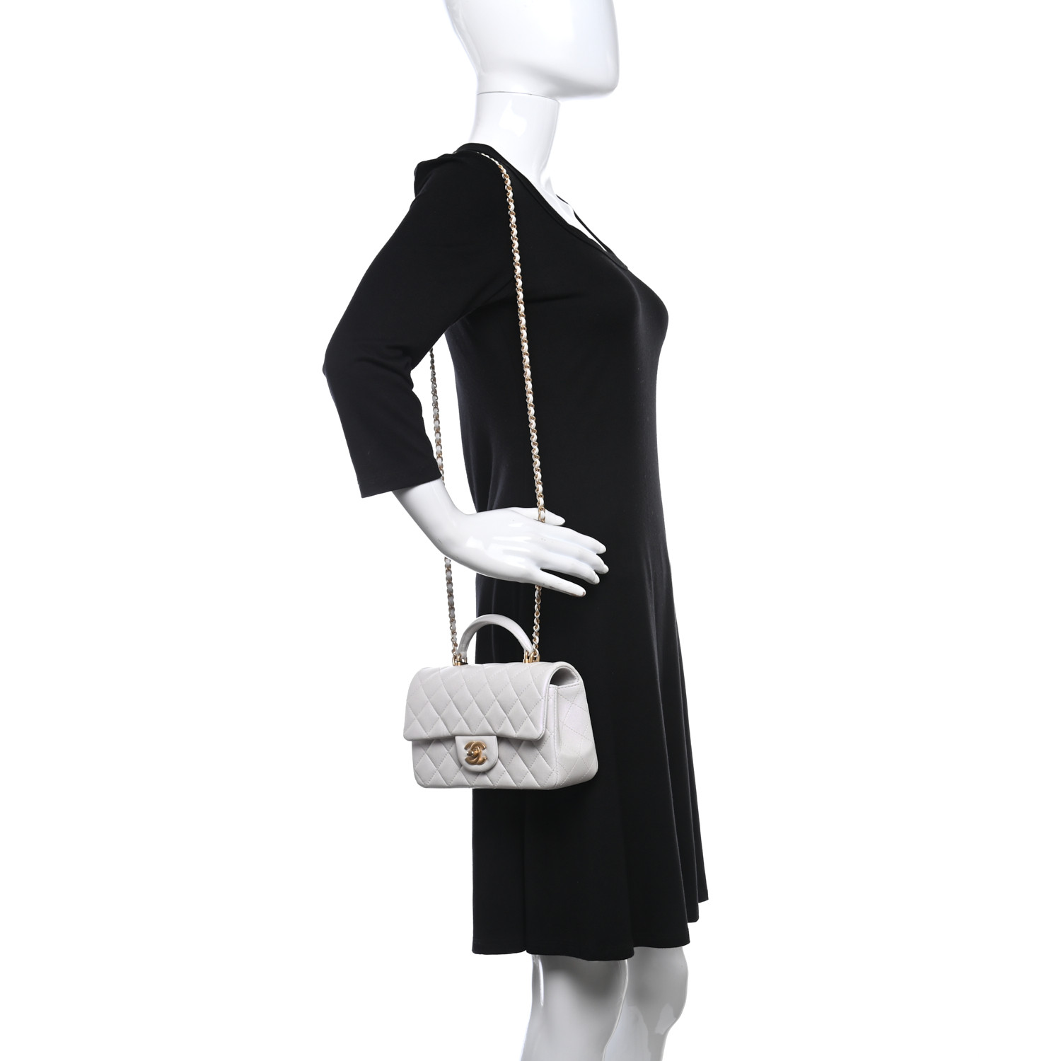 Iridescent Caviar Quilted Mini Top Handle Rectangular Flap White
