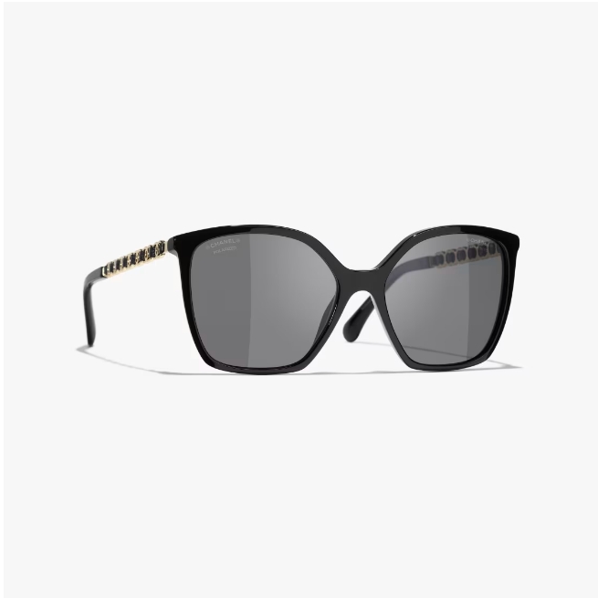 CHANEL-SQUARE SUNGLASSES Acetate & Calfskin Black