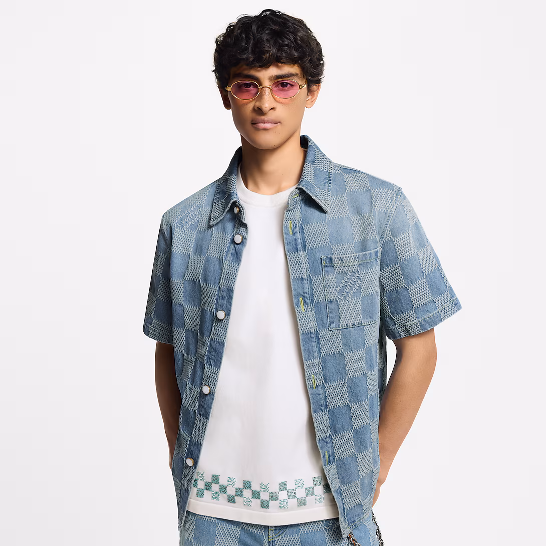1AHVZ2 Damier 3D Light Denim Short-Sleeved Shirt