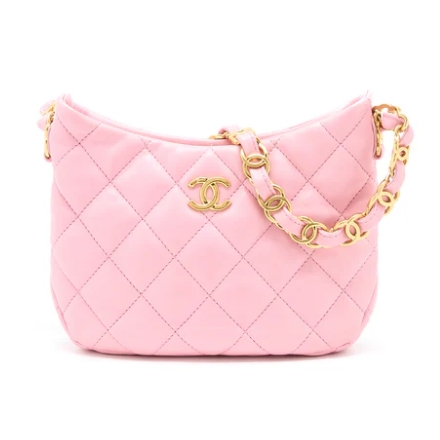 CHANEL 22K HOBO BAG LOGO CHAIN LAMBSKIN PINK GHW