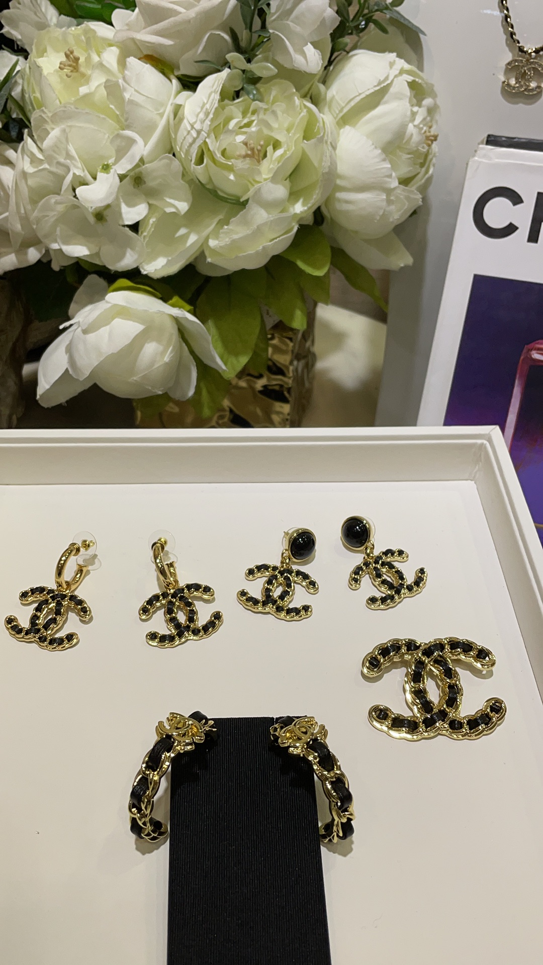 CHANEL 24K New Gold Double C Hoop Earrings with Leather-Woven Chain