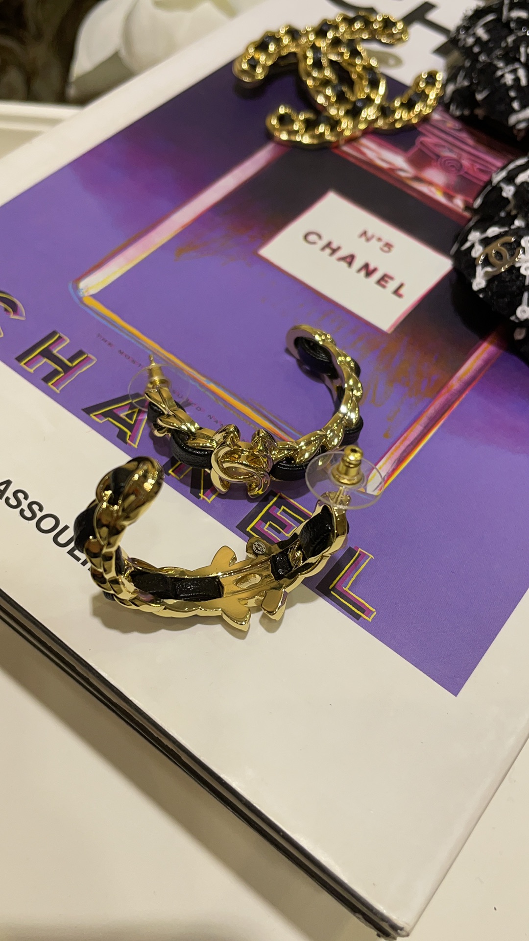 CHANEL 24K New Gold Double C Hoop Earrings with Leather-Woven Chain