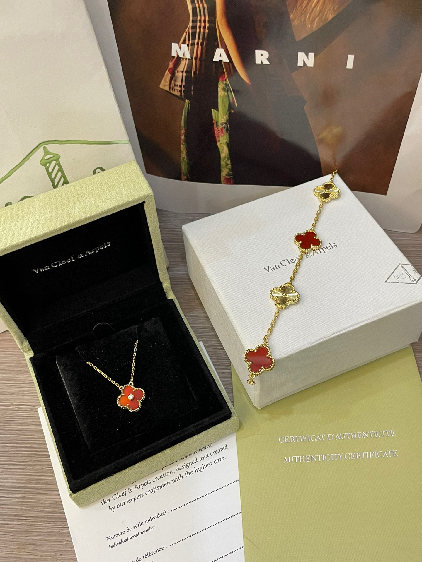 Van Cleef & Arpels Five-Flower Natural Red Carnelian Bracelet Set