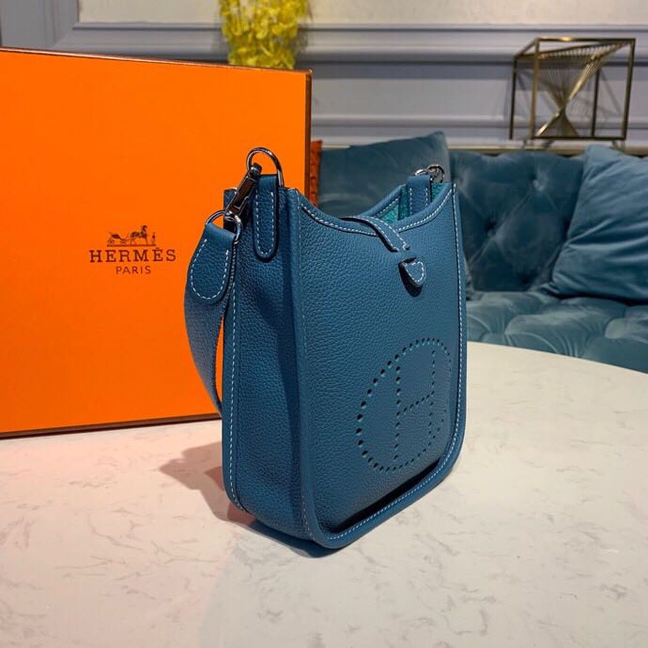 Hermes Mini Evelyne Middle Blue For Women 7.8in/20cm